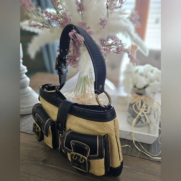 Vintage Coach Legacy Leather Trimmed Manufactured Straw Hobo Shoulder Bag - Picture 10 of 16